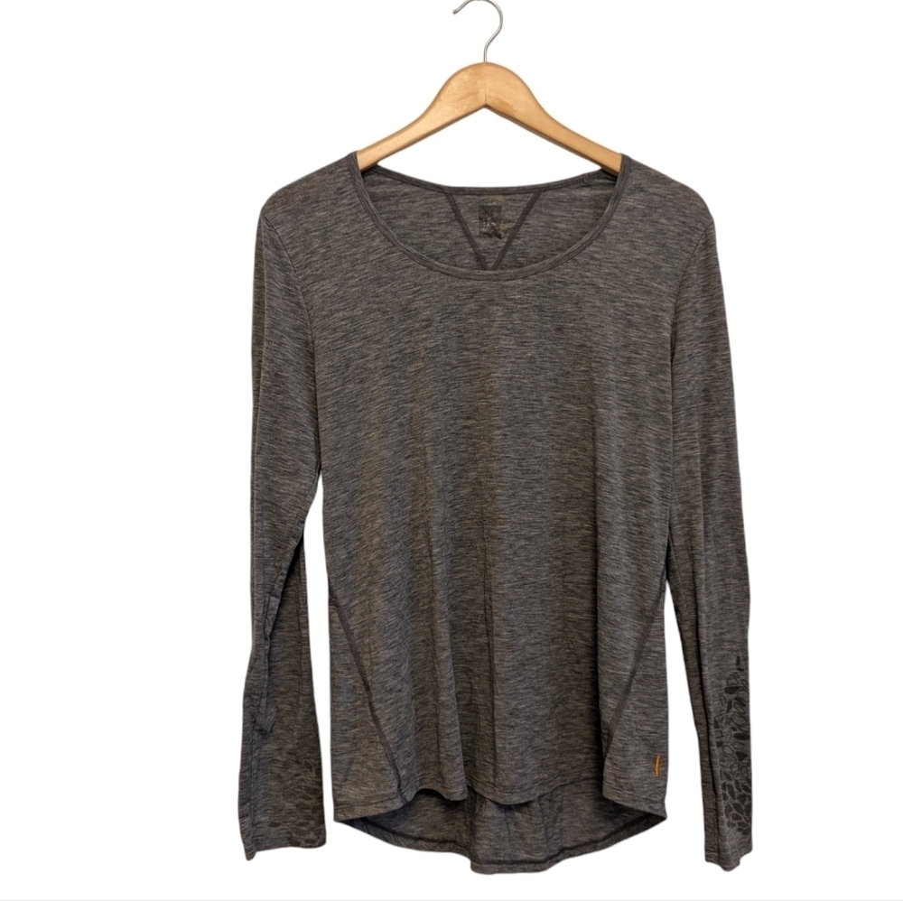 LUCY Long Sleeve Grey Top Scoop Neck Yoga Workout Heather Marl Garnet Hill
